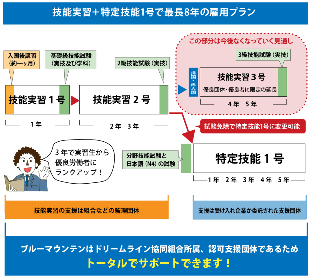 技能実習＋特定技能1号で最長8年の雇用プラン